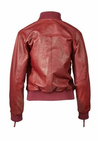 Rote Lederbomberjacke mit geripptem Kragen und Bündchen. Glatte Textur, taillierte Form und gerafftes Saumdetail. Rückansicht dargestellt.