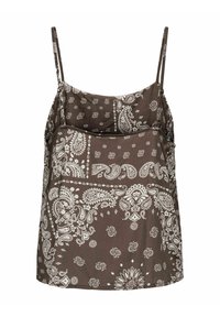 Crop top marron sans manches avec fines bretelles et motif bandana paisley blanc sur tissu léger.