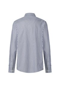 Chemise à manches longues avec rayures verticales bleu marine et blanches, poignets boutonnés et col classique, vue de dos.
