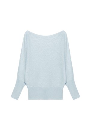 Pull bleu clair à manches longues avec large encolure bateau et poignets et ourlet côtelés, posé à plat sur un fond blanc.