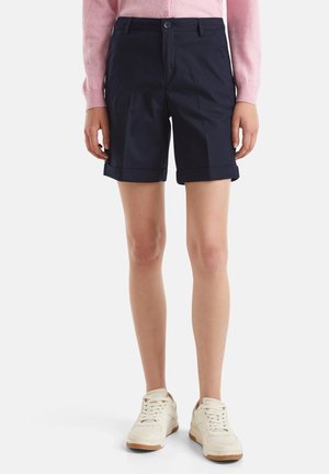 Dunkelblaue Baumwollshorts mit geradem Schnitt, umgeschlagenem Saum, Taschen vorne und Knopfverschluss, kombiniert mit weißen Turnschuhen.