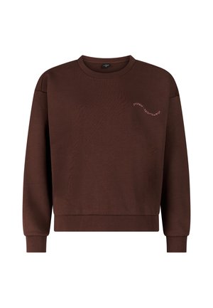 Bruine trui met lange mouwen en een ronde hals met geribde boorden en onderzoom, met kleine gebogen tekst "protest sportswear" op de bovenste linkerborst.