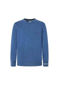 Blå långärmad tröja med rundad hals och ribbade muddar och nederkant, med en liten vit textdetalj på vänster ärmmudd.