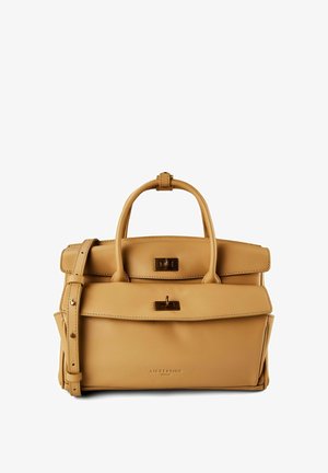 Hellbraune Lederhandtasche mit zwei Griffen, vorderer Klappentasche, verstellbarem Schultergurt und goldfarbenen Drehverschluss-Elementen.