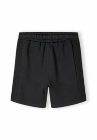 Zwarte sportshorts met een elastische tailleband, voorzien van een gladde textuur en ribbelpanelen aan de zijkanten. Eenvoudig, functioneel ontwerp.