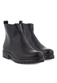 Schwarze Lederknöchelstiefel mit glatter Textur, seitlichem Reißverschluss, robuster Sohle und minimalistischem Design. Leicht konturierte Form.