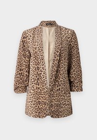 Blazer s leopardím vzorem s hlubokým výstřihem ve tvaru V, dlouhými rukávy a lehkým materiálem s hladkou texturou. Design s otevřeným předním dílem.