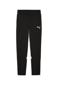 Zwarte sportbroeken met een elastische tailleband, voorzien van een wit Puma-logo aan de linkerkant en witte accenten bij de enkels.