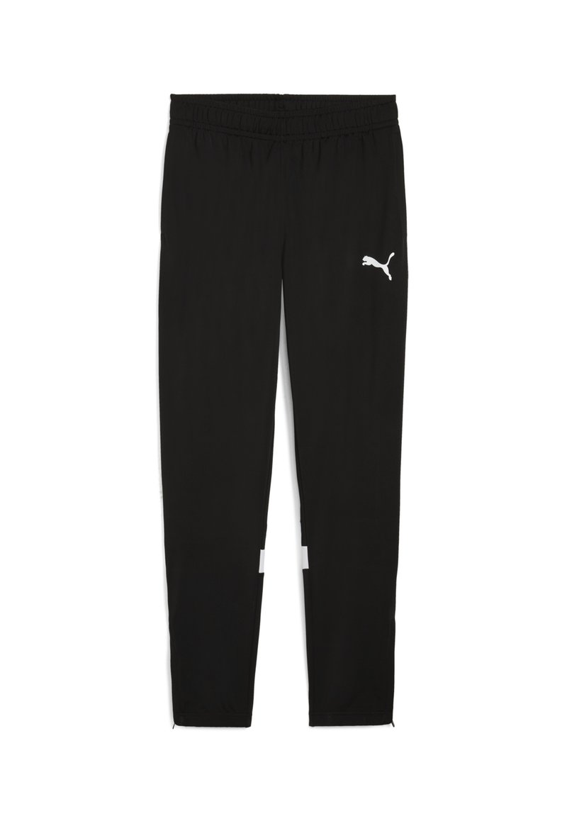 Zwarte sportbroeken met een elastische tailleband, voorzien van een wit Puma-logo aan de linkerkant en witte accenten bij de enkels.