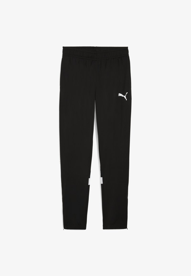 Zwarte sportbroeken met een elastische tailleband, voorzien van een wit Puma-logo aan de linkerkant en witte accenten bij de enkels.