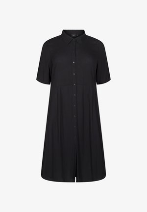 Crna haljina košulja kratkih rukava od glatkog materijala, sa ovratnikom, dugmadi sprijeda i opuštenim A-siluetom.