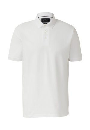 Polo blanc à manches courtes avec col et patte à deux boutons, présenté sur un fond uni.