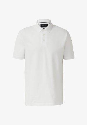 Polo blanc à manches courtes avec col et patte à deux boutons, présenté sur un fond uni.