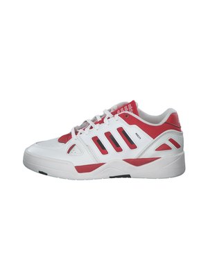 White athletic shoe with red accents, featuring a layered design, mesh side panels, and black detailing on the outsole. Flat sole with laces.