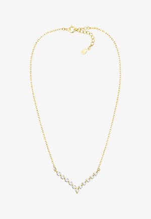 Guldkæde med en fin kæde og et V-formet design, der har klare rhinestones i et gradueret mønster.