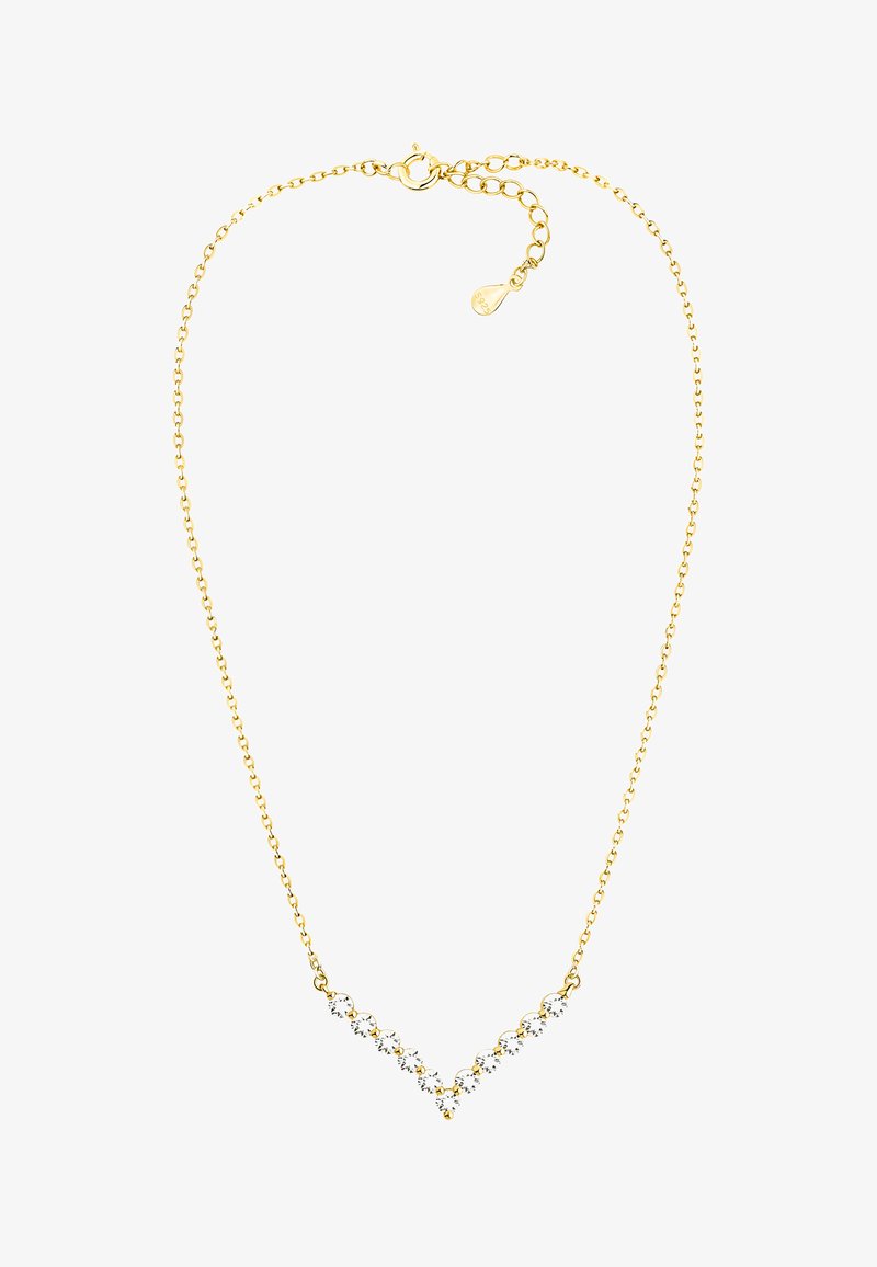 Guldkæde med en fin kæde og et V-formet design, der har klare rhinestones i et gradueret mønster.