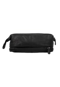 Funda de cuero negra con textura suave, forma rectangular, cierre superior de cremallera y detalle de cremallera lateral. Diseño compacto para facilitar su portabilidad.