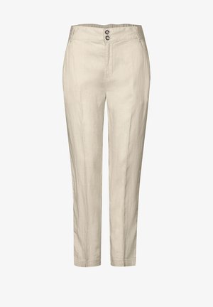 Beige bukser lavet af letvægtsstof, med en tætsiddende talje, to knaplukninger og lige bendesign. Glat, struktureret overflade.