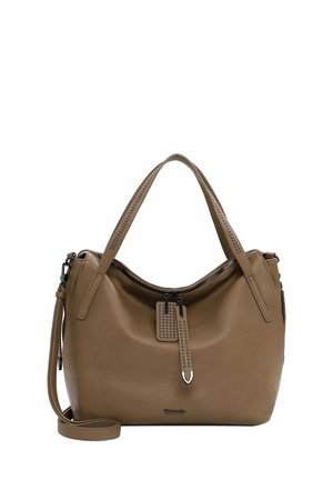 Sac à épaule en cuir marron au design structuré, doté de doubles poignées, d'une fermeture éclair et d'une étiquette décorative avec des clous.