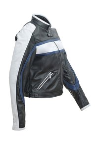 Giubbotto di pelle bianco e nero con accenti blu, tasca frontale con zip, colletto strutturato e design dei pannelli a contrasto.