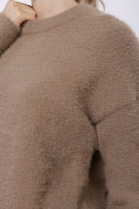 Pull brun duveteux avec un col rond et une coupe décontractée. Texture douce et manches légèrement surdimensionnées, offrant un aspect confortable.