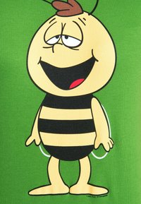 Cartoon bee character on a bright green background. Features a yellow round body with black stripes, a smiling face, and brown hair.