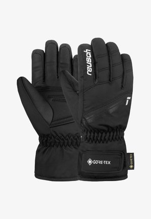 Zwarte winterhandschoenen van textuur synthetisch materiaal, met een GORE-TEX-label, elastische manchetten en versterkte handpalmen voor duurzaamheid.