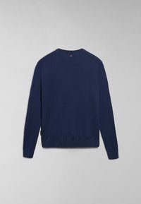 Navyblauwe sweatshirt met lange mouwen, ribgebreide manchetten en zoom, ronde halsopening, met een klein logoaccent op de achterkant bij de hals.