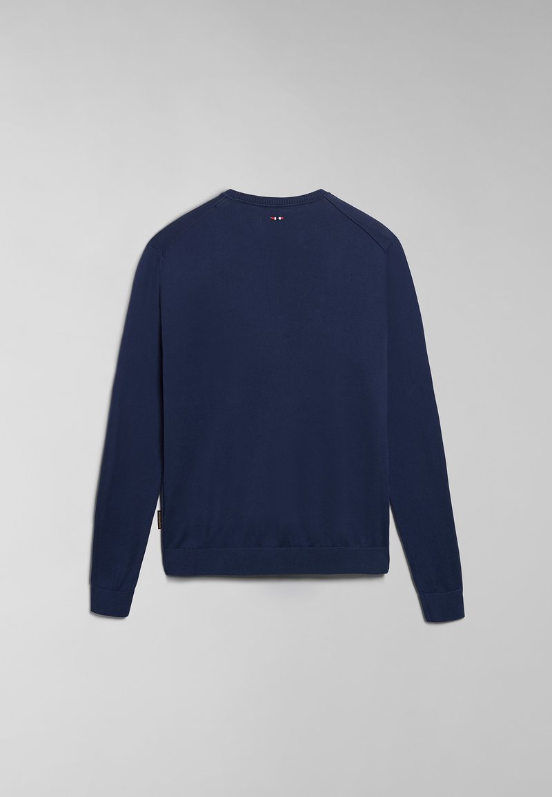 Granatowy sweatshirt z długimi rękawami, ściągaczami przy mankietach i u dołu, okrągłym dekoltem, posiadający małe logo na plecach blisko dekoltu.