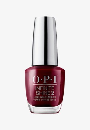 Lacca per unghie OPI Infinite Shine 2 di colore rosso intenso, bottiglia di plastica con tappo argentato, base quadrata e dettagli stampati sul davanti.