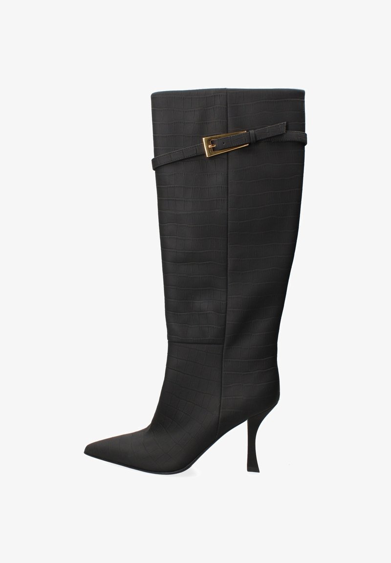 Black knee-high boot made from textured leather with a croc pattern. Features a pointed toe and a slender stiletto heel. Gold buckle accent.