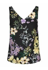 Czarny top na ramiączkach z kwiatowym wzorem w intensywnych kolorach żółtym, purpurowym i białym, z dekoltem w kształcie litery V oraz lekką teksturowaną tkaniną.