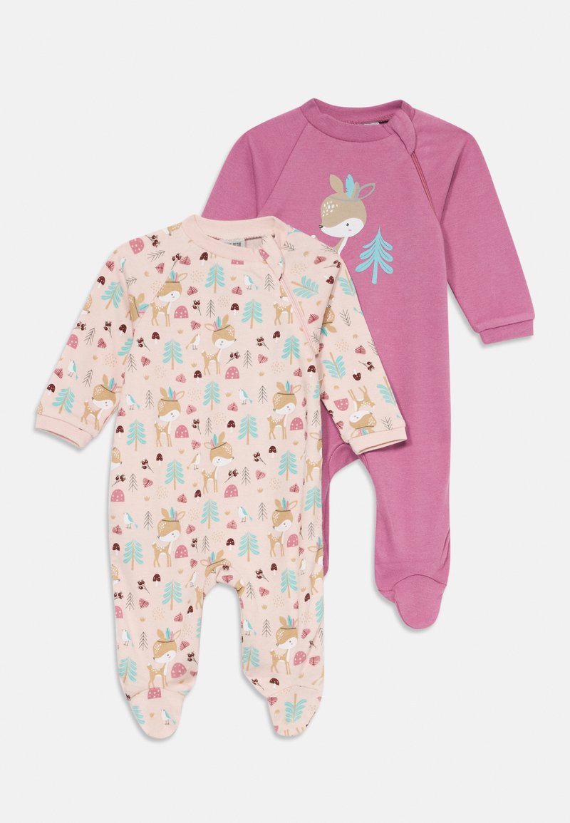 Dois bodies para bebé: um em rosa claro com padrões de cervos e árvores, e outro em roxo sólido com uma ilustração de um cervo. Tecido suave, mangas compridas.