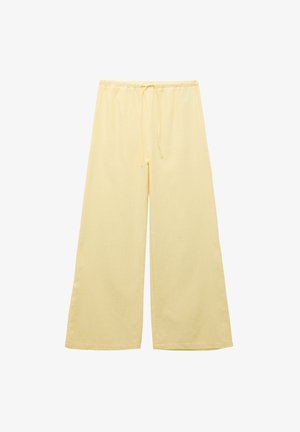 Helles gelbe, weite Hosen mit Gummizug und Kordelzug. Hergestellt aus leichtem, strukturiertem Stoff.