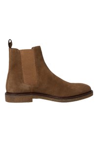 Bota de tobillo de ante marrón con paneles laterales elásticos, punta redonda y suela de goma texturizada. Asa en la parte trasera para un fácil calzado.