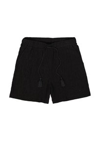 Pantalones cortos negros de tela texturizada, con una cinturilla elástica y cordones ajustables, y dos bolsillos laterales.