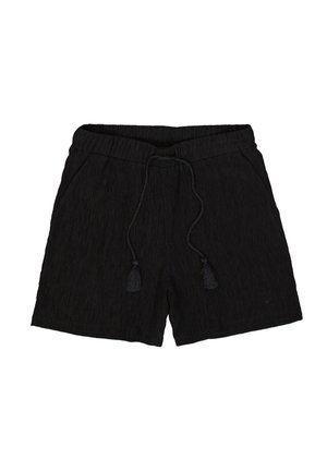Schwarze Shorts aus strukturiertem Stoff, mit einem elastischen Taillenbund und Kordelzügen sowie zwei seitlichen Taschen.