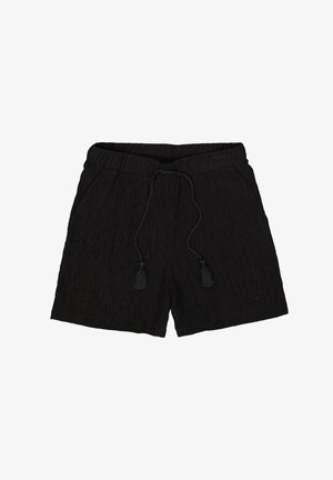 Zwarte shorts van textuurstof, met een elastische tailleband en trekkoorden, en twee zijzakken.