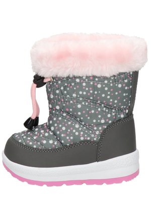 Children's gray and pink winter boot with white and pink polka dots, pink faux fur cuff, and adjustable drawstring closure.