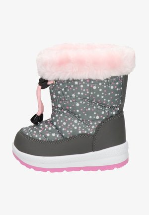 Botte d'hiver pour enfants en gris et rose avec des pois blancs et roses, bord en fausse fourrure rose et fermeture réglable par cordon.