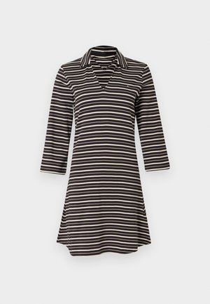 Mustriga musta ja beeži kleit, millel on krae, kolmeveerandi varrukad ja lõdvestunud A-line kujundus. Puuvillase segu materjal. Omab väikest logo detaili.