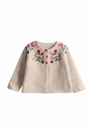 Hellbeige gestrickte Strickjacke mit floralem Stickerei in Pink, Grün und Burgunderrot, mit runder Ausschnitt und drei Holzknöpfen.