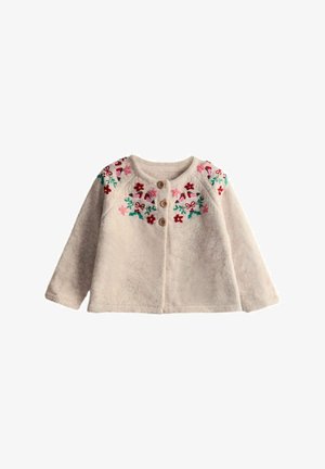 Lyse beige strikket cardigan med blomsterbroderi i pink, grøn og burgunder, der har en rund hals og tre træknapper.