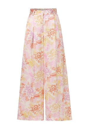 Blumenweite Hosen aus leichtem Stoff mit großen rosa, gelben und orangefarbenen Blumenmustern. Vorderer Knopfverschluss und Falten.