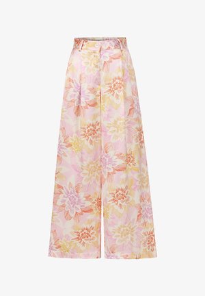 Bloemrijke wijde broek van lichtgewicht stof met grote roze, gele en oranje bloempatronen. Voorzien van een knoopsluiting aan de voorkant en plooien.