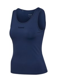 Dunkelblaues sportliches Tanktop aus glattem, dehnbarem Material. Verfügt über einen runden Ausschnitt und ein dezentes Logo auf der Vorderseite.