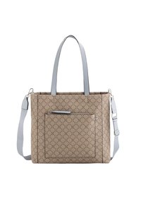 Beige Canvas-Tasche mit geometrischem Muster, ausgestattet mit grauen Ledergriffen und einem abnehmbaren Schultergurt. Frontreißverschlusstasche inklusive.