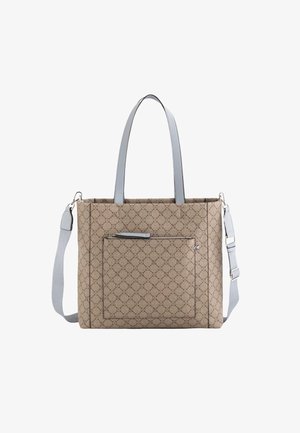 Sac fourre-tout en toile beige avec un motif géométrique, présentant des poignées en cuir gris et une bandoulière amovible. Poche zippée à l'avant incluse.