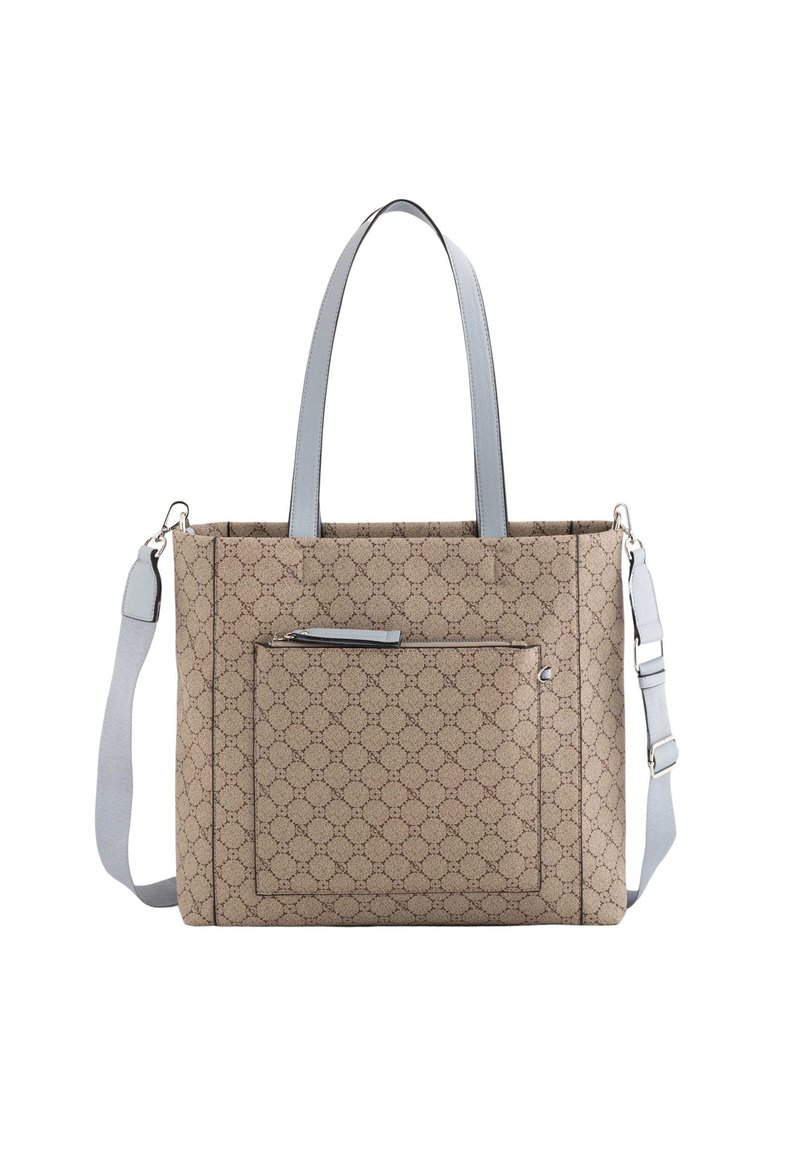 Beige Canvas-Tasche mit geometrischem Muster, ausgestattet mit grauen Ledergriffen und einem abnehmbaren Schultergurt. Frontreißverschlusstasche inklusive.