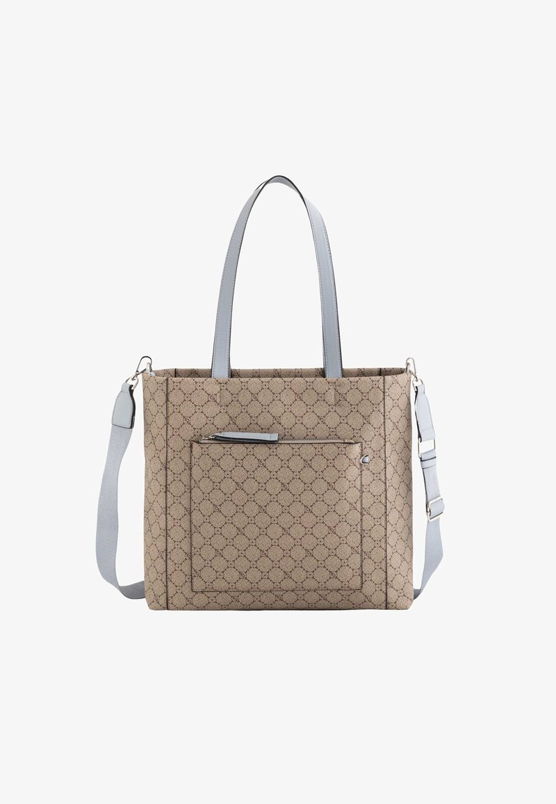 Bolsa tote de lienzo beige con un patrón geométrico, equipada con asas de cuero gris y una correa de hombro desmontable. Incluye un bolsillo frontal con cremallera.